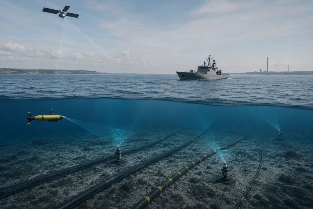 Illustration af maritim overvågning med satellitter, undervandssensorer og kunstig intelligens til beskyttelse af kritisk infrastruktur.