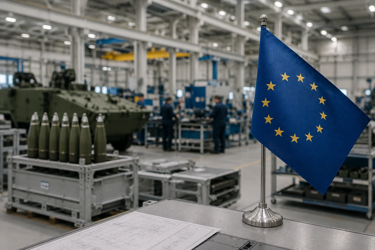 Forside 12 Illustration af moderne europæisk forsvarsindustri og samarbejde om produktion, innovation og investeringer i EU.