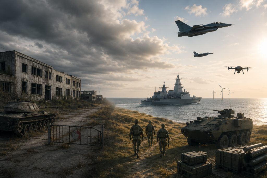 Militæraktivitet ved kysten, dramatisk himmel.