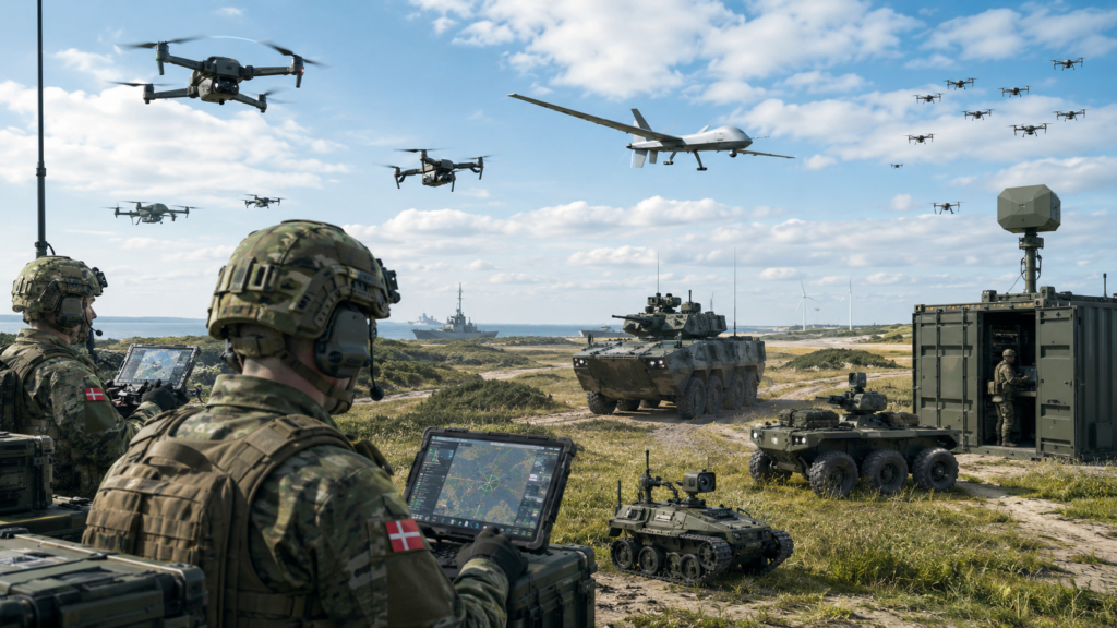 Militær med droner og teknologi.